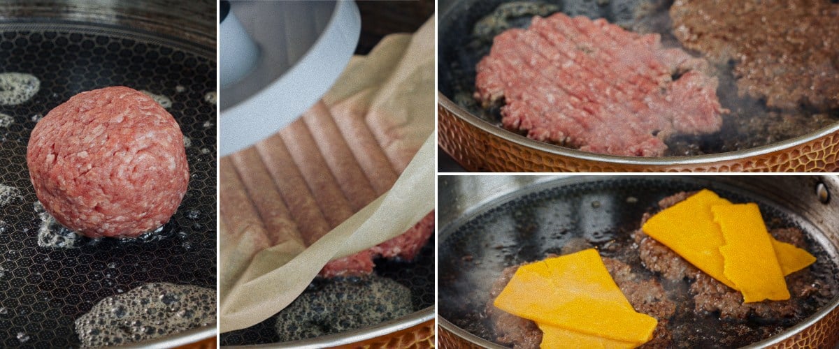 Een hamburger bakken in een pan, cheddar laten smelten en de burger samenstellen met sla en tomaat, derde stap voor het maken van een cannabisburger