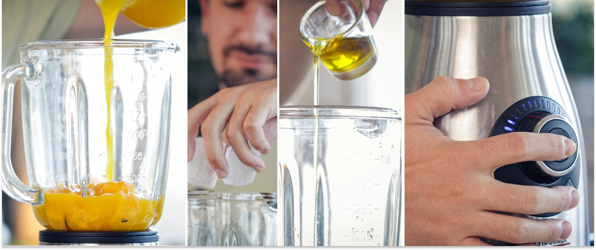 Het toevoegen van gesneden mango, munt, ijsblokjes, cannabis-MCT-olie en lecithine aan de blenderkan vóór het mengen.