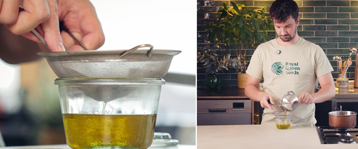 Stap 3: Geïnfuseerde Cannabis MCT-Olie Zeven Geïnfuseerde cannabis MCT-olie wordt door een fijne zeef in een glazen pot gegoten, laatste stap van het infusieproces