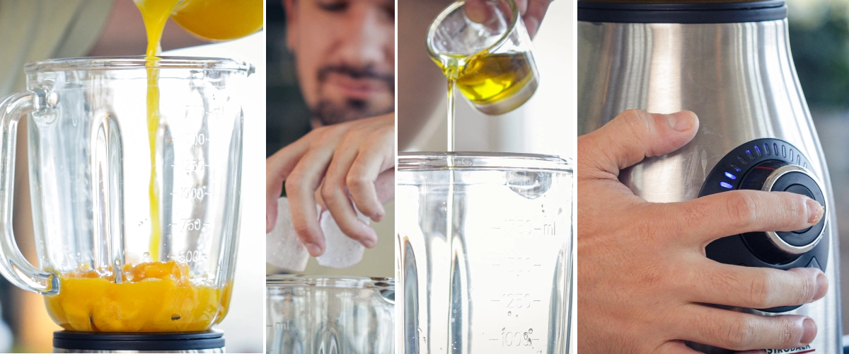 Het toevoegen van gesneden mango, munt, ijsblokjes, cannabis-MCT-olie en lecithine aan de blenderkan vóór het mengen.