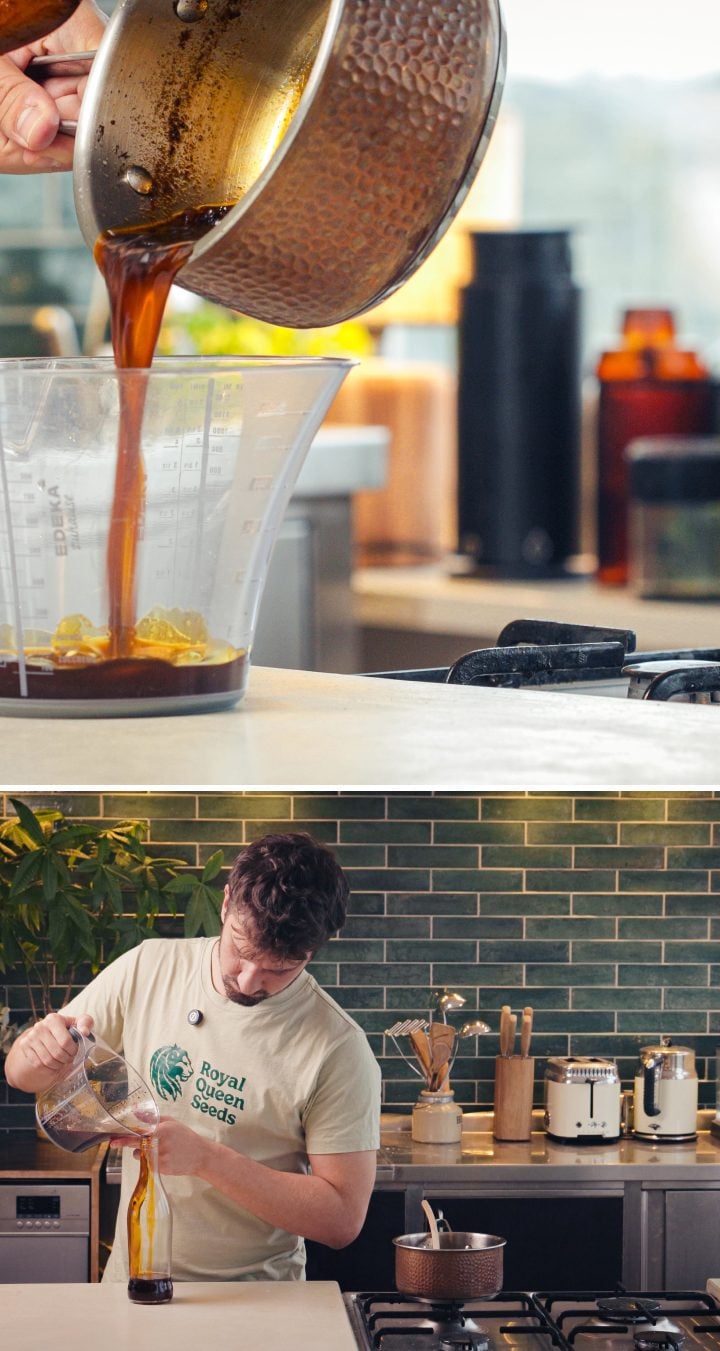 Stap 3: Chili-Cannabisolie Zeven en Bottelen Geïnfuseerde chili-cannabisolie zeven en in een glazen fles gieten voor opslag