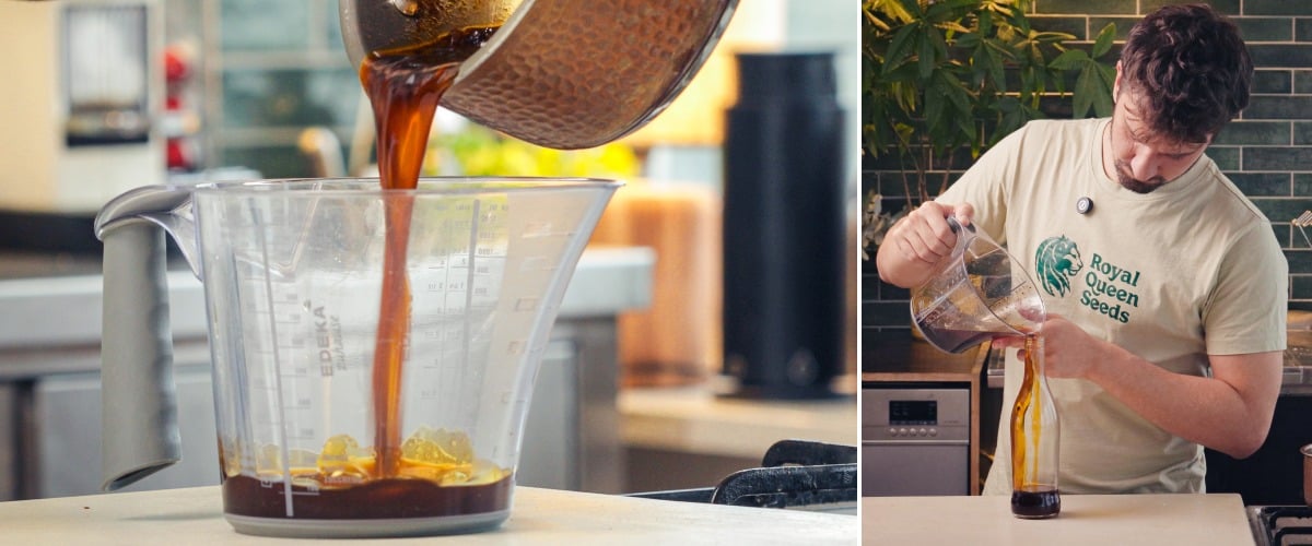 Stap 3: Chili-Cannabisolie Zeven en Bottelen Geïnfuseerde chili-cannabisolie zeven en in een glazen fles gieten voor opslag