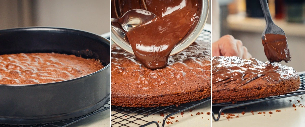 Gesmolten pure chocolade over een afgekoelde space cake gieten en gelijkmatig uitstrijken, vierde stap om hem af te werken