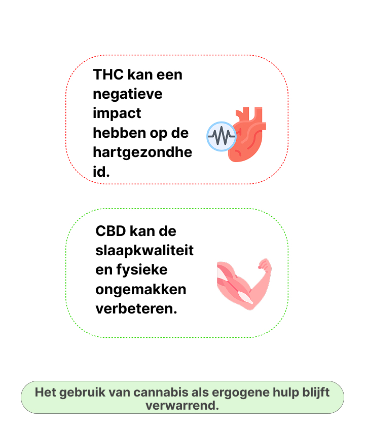 Infografiek die mogelijke effecten van THC en CBD op sportprestaties, hart-homeostase, slaapkwaliteit en herstel toont
