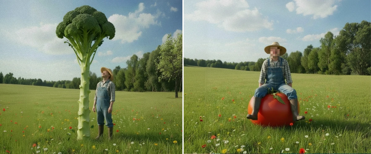Surrealistisch GrowHauzz beeld met een gigantische broccoli en een enorme tomaat in een zonnig veld, dat grote kweekideeën en een gedurfde aanpak symboliseert