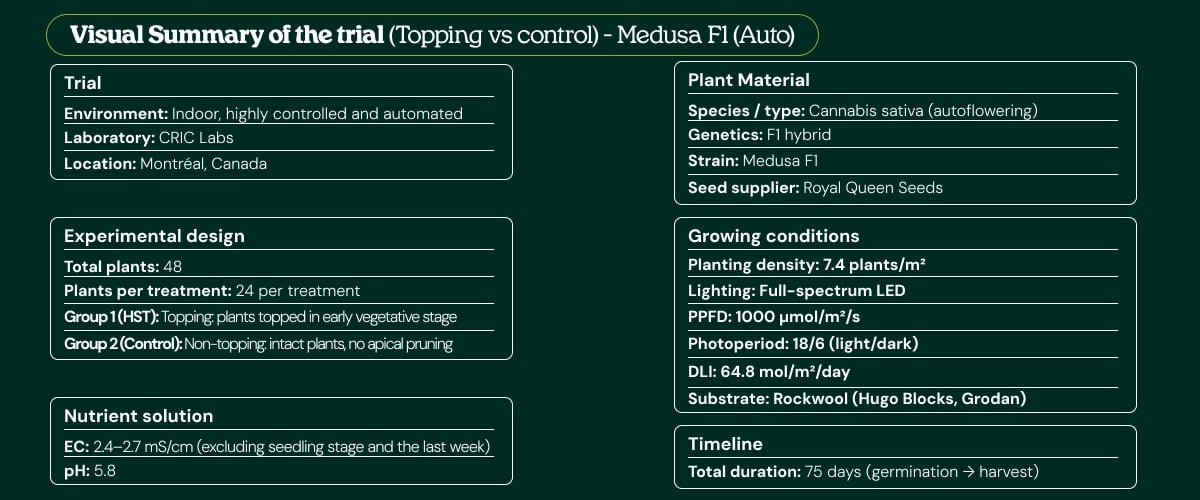 Visuele samenvatting van de Medusa F1 (Auto)-proef: topping vs controle, met experimenteel ontwerp, plantmateriaal, kweekomstandigheden, voedingsoplossing en tijdlijn