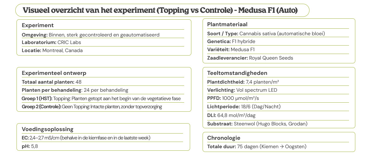 Visuele samenvatting van de Medusa F1 (Auto)-proef: topping vs controle, met experimenteel ontwerp, plantmateriaal, kweekomstandigheden, voedingsoplossing en tijdlijn