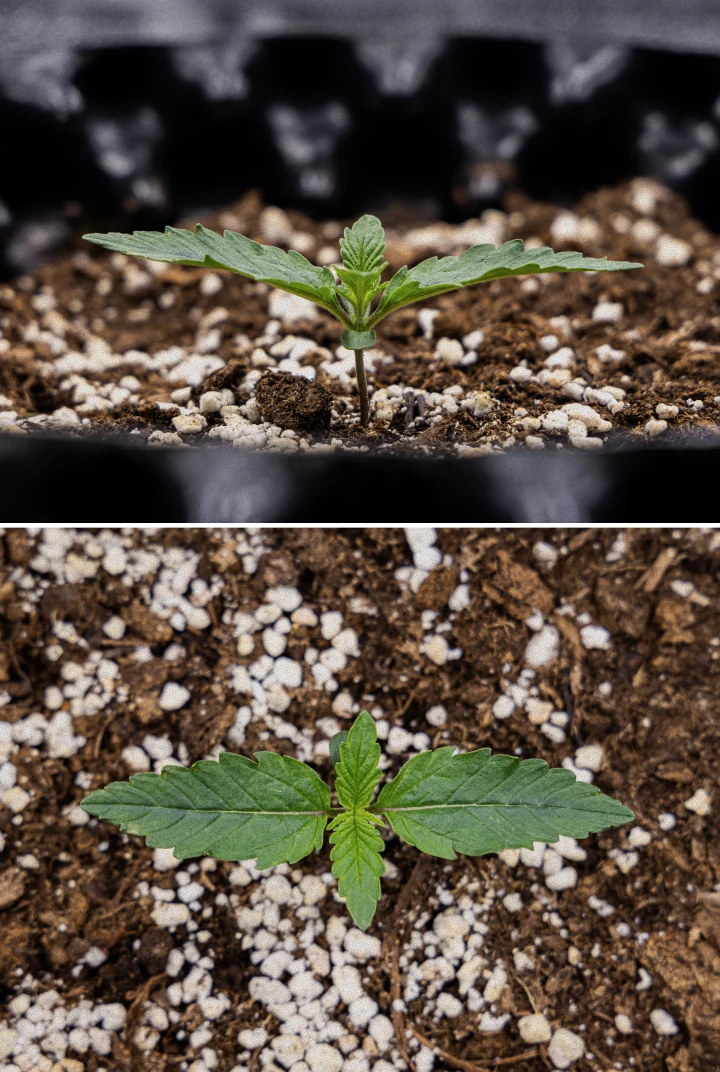 GOAT'lato Auto cannabiszaailing in week 1 groeiend in BioBizz Light Mix onder LED-licht, met eerste echte bladeren en sterke vroege groei